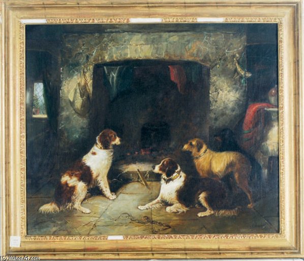 WikiOO.org - Encyclopedia of Fine Arts - Malba, Artwork George Armfield (Smith) - Dogs In An Interior Resting By The Fireplace