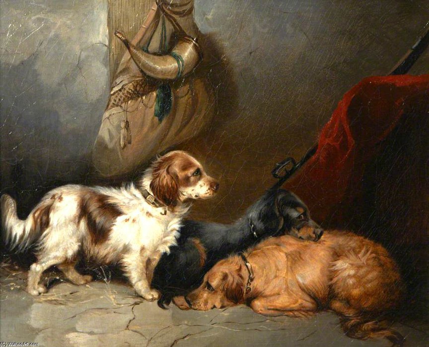 WikiOO.org - Encyclopedia of Fine Arts - Malba, Artwork George Armfield (Smith) - Spaniels In A Barn Interior