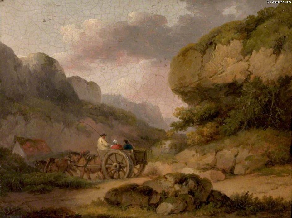 WikiOO.org - Енциклопедия за изящни изкуства - Живопис, Произведения на изкуството George Morland - Landscape With Horses, Cart And Figures