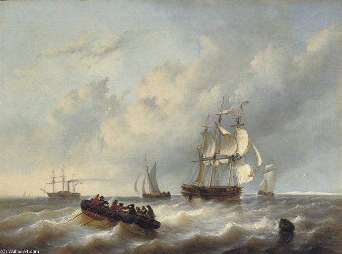 WikiOO.org - Encyclopedia of Fine Arts - Maľba, Artwork George Willem Opdenhoff - A Three-master And A Paddlesteamer On A Choppy Sea