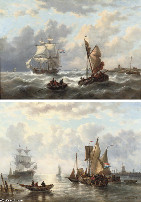 Wikioo.org - The Encyclopedia of Fine Arts - Painting, Artwork by George Willem Opdenhoff - On Calm Water; And On A Choppy Sea