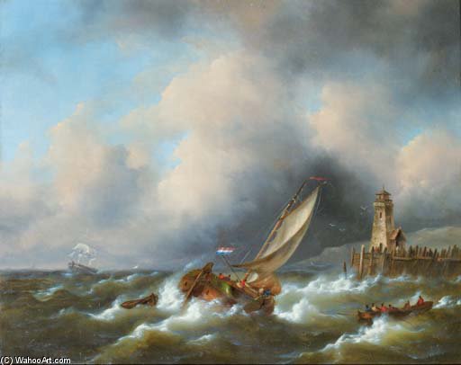 WikiOO.org - Enciklopedija dailės - Tapyba, meno kuriniai Govert Van Emmerik - Sailing In A Stiff Breeze By A Coast