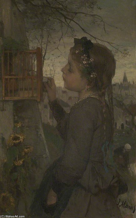 Wikioo.org - The Encyclopedia of Fine Arts - Painting, Artwork by Jacob Henricus Maris - A Girl Feeding A Bird In A Cage