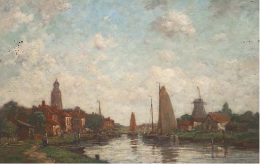 Wikioo.org - The Encyclopedia of Fine Arts - Painting, Artwork by Jacob Henricus Maris - Barges On A River At A Dutch Settlement