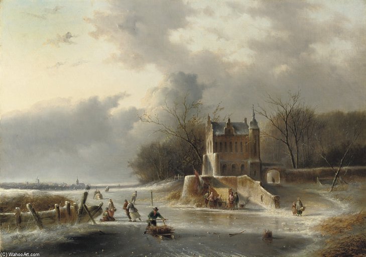 WikiOO.org - Encyclopedia of Fine Arts - Festés, Grafika Jan Evert Morel - Winterfun On The Ice By A Mansion