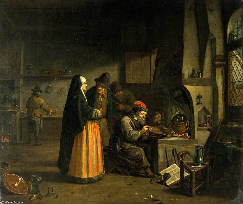 Wikioo.org - The Encyclopedia of Fine Arts - Painting, Artwork by Jan Josef Horemans The Elder - A Lady Visiting An Alchemist In His Laboratory
