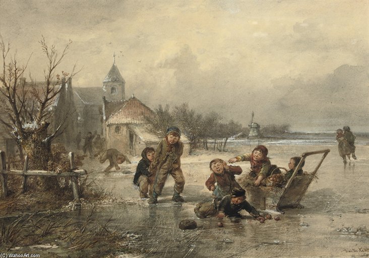 Wikioo.org - The Encyclopedia of Fine Arts - Painting, Artwork by Johan Mari Henri Ten Kate - Children Playing On The Ice