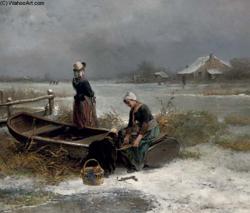 Wikioo.org - The Encyclopedia of Fine Arts - Painting, Artwork by Johan Mari Henri Ten Kate - Pulling On The Ice Skates