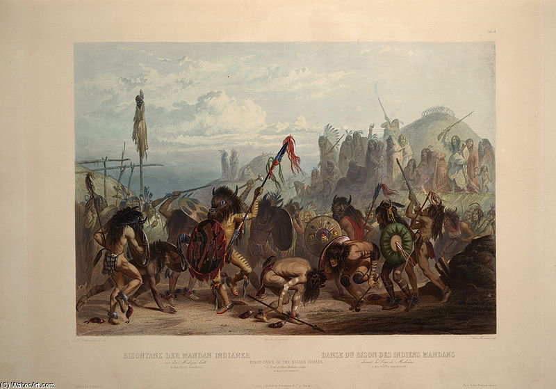 Wikioo.org - The Encyclopedia of Fine Arts - Painting, Artwork by Karl Bodmer - Bison Dance Of The Mandan Indians In Front Of Their Medecine Lodge
