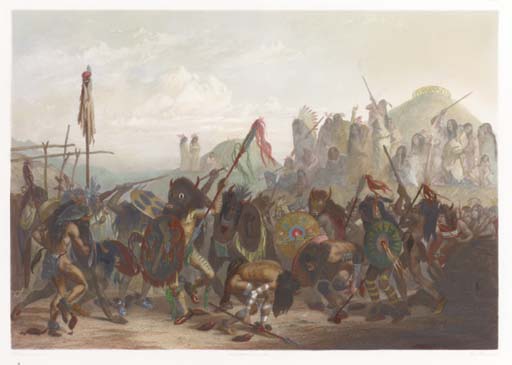 WikiOO.org - Enciclopédia das Belas Artes - Pintura, Arte por Karl Bodmer - Bison Dance Of The Mandan Indians In Front Of Their Medicine Lodge