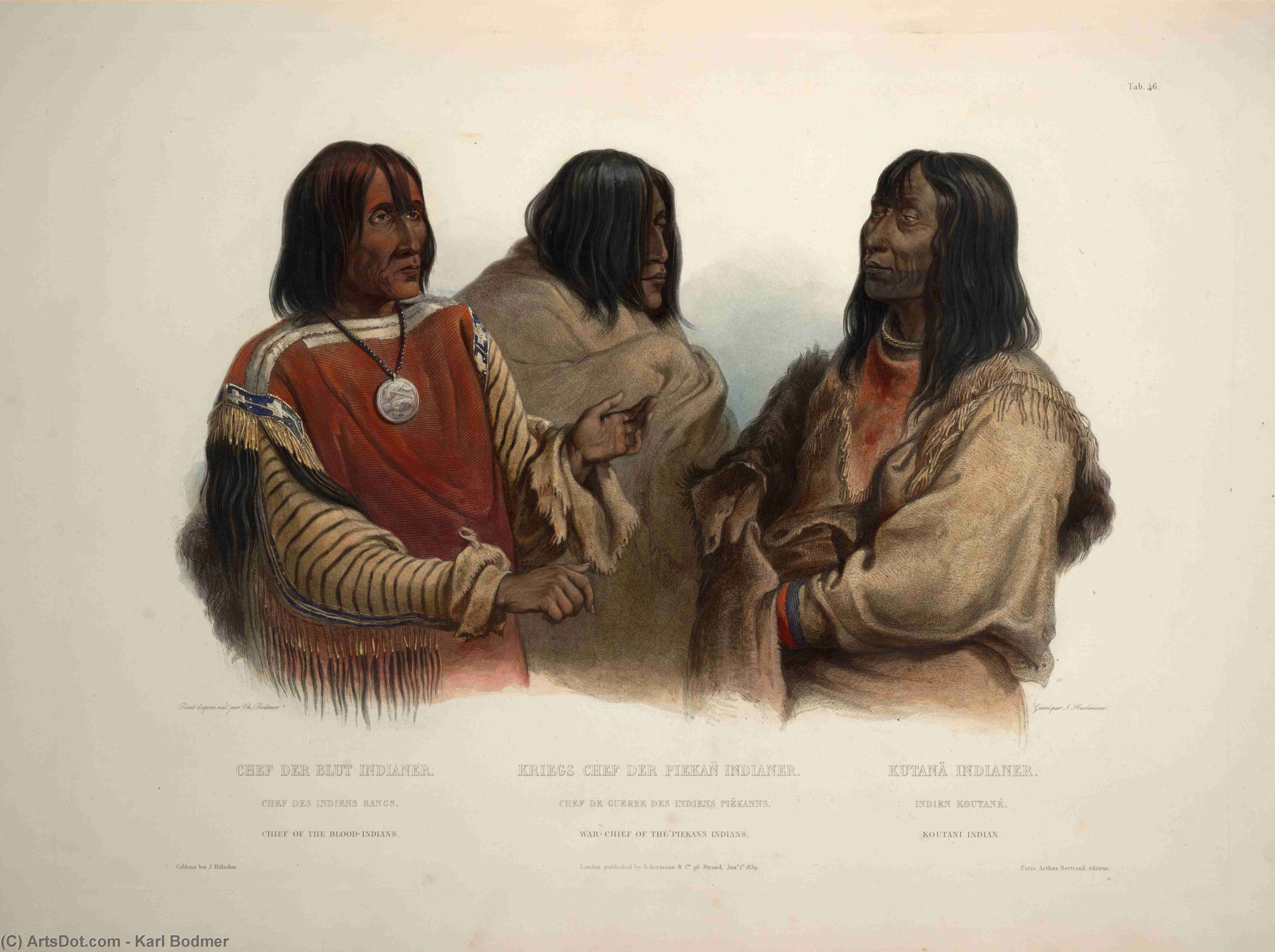 Wikioo.org - The Encyclopedia of Fine Arts - Painting, Artwork by Karl Bodmer - Chief Of The Blood Indians War Chief Of The Piekann Indians And Koutani Indian