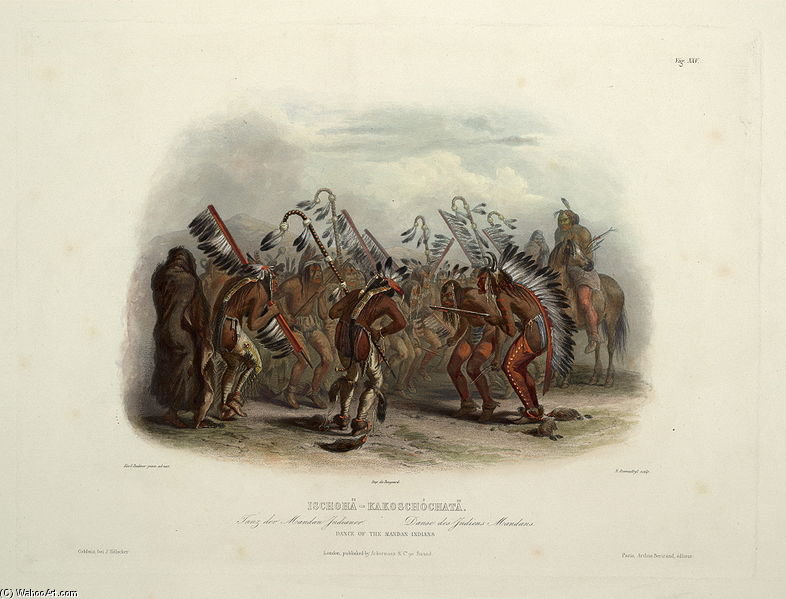 WikiOO.org - Encyclopedia of Fine Arts - Festés, Grafika Karl Bodmer - Ischohä-kakoschochatä Dance Of The Mandan Indians