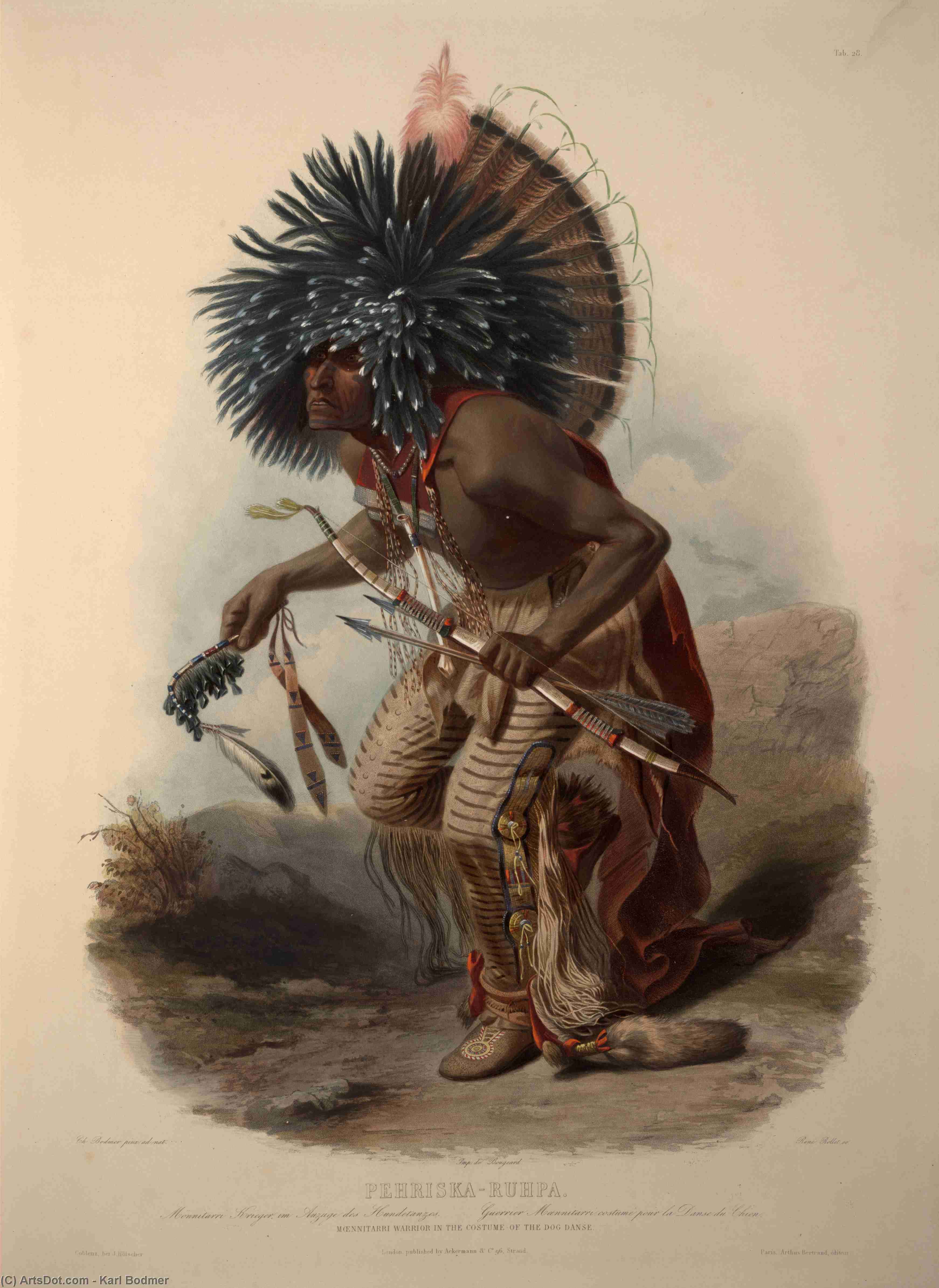 Wikioo.org - The Encyclopedia of Fine Arts - Painting, Artwork by Karl Bodmer - Moenitarri Warrior In The Costume Of The Dog Danse