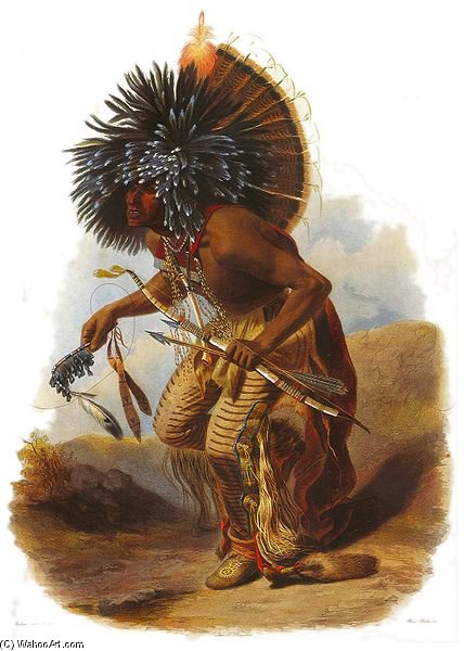 Wikioo.org - The Encyclopedia of Fine Arts - Painting, Artwork by Karl Bodmer - Moennitarri Warrior In The Costume Of The Dog Danse