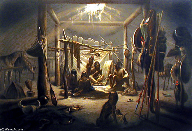 Wikioo.org - The Encyclopedia of Fine Arts - Painting, Artwork by Karl Bodmer - The Interior Of The Hut Of A Mandan Chief -