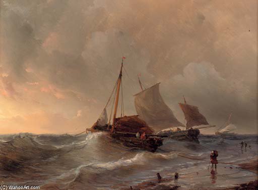 WikiOO.org - Encyclopedia of Fine Arts - Maleri, Artwork Louis Meijer - A Choppy Surf At Sunset