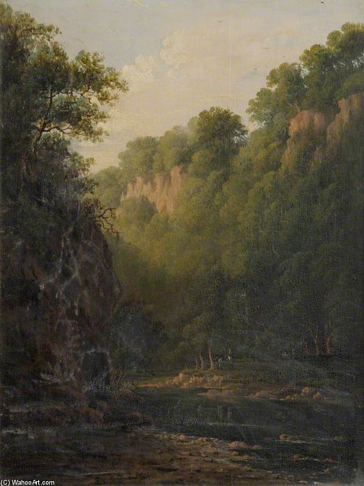 Wikioo.org - The Encyclopedia of Fine Arts - Painting, Artwork by Patrick Nasmyth - A Rocky Ravine With Trees And Figures Beside A River