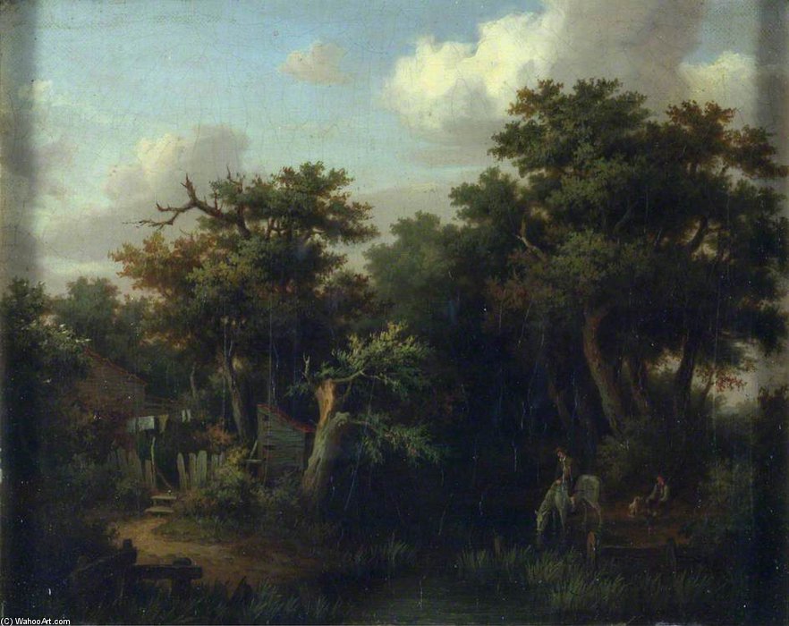 Wikioo.org - The Encyclopedia of Fine Arts - Painting, Artwork by Patrick Nasmyth - Cottage By A Brook With A Boy On A White Horse Which Is Drinking