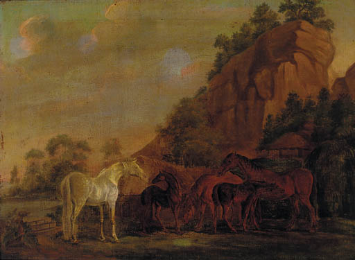 Wikioo.org - The Encyclopedia of Fine Arts - Painting, Artwork by Sawrey Gilpin - Mares And Foals By A Rocky Outcro