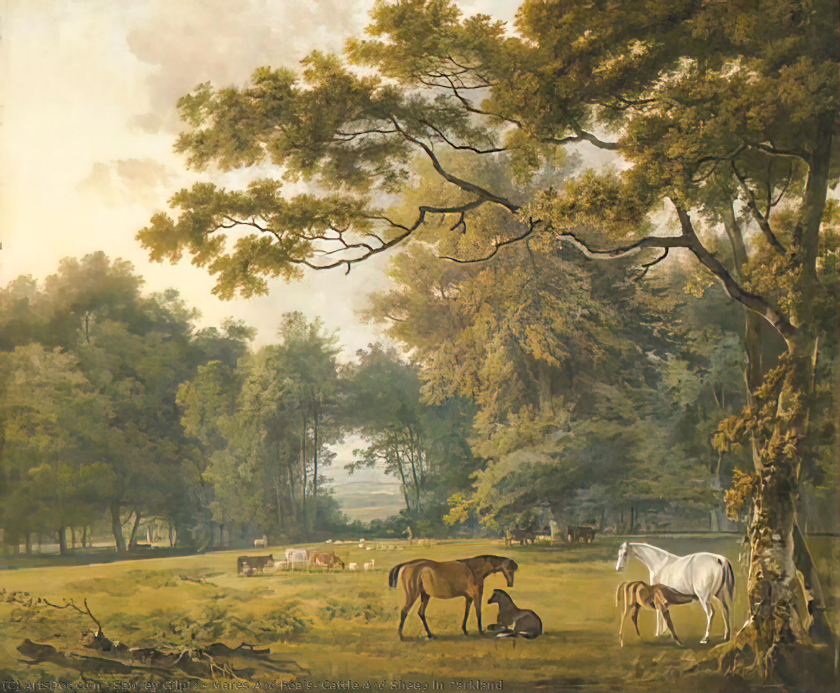 Wikioo.org - The Encyclopedia of Fine Arts - Painting, Artwork by Sawrey Gilpin - Mares And Foals, Cattle And Sheep In Parkland