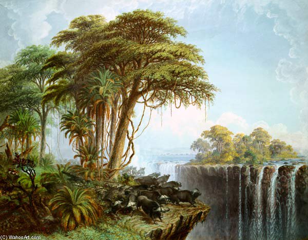 Wikioo.org - The Encyclopedia of Fine Arts - Painting, Artwork by Thomas Baines - Buffalos Driven To The Edge Of The Chasm Opposite Garden Island, Victoria Falls