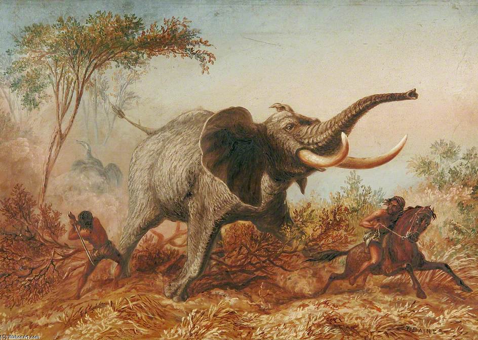 Wikioo.org - Encyklopedia Sztuk Pięknych - Malarstwo, Grafika Thomas Baines - Elephant Hunting With The Sword, Abyssinia