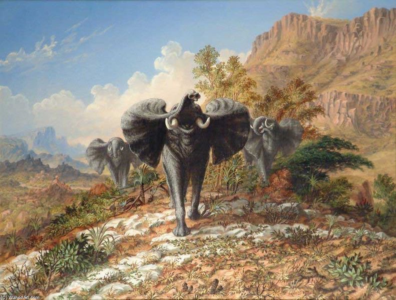 Wikioo.org - The Encyclopedia of Fine Arts - Painting, Artwork by Thomas Baines - Elephants Charging Over Quartose Country