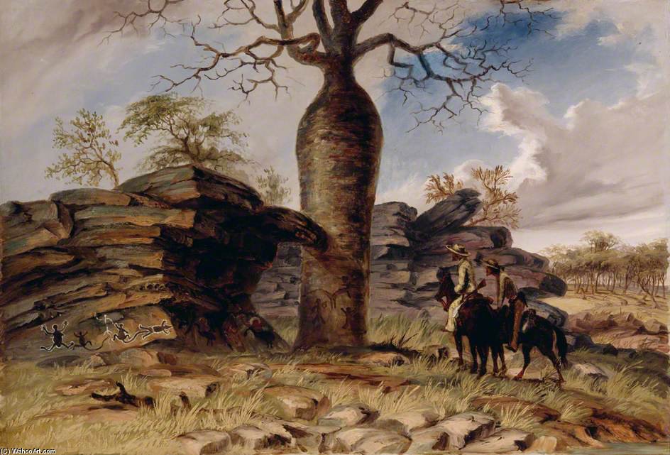 Wikioo.org - The Encyclopedia of Fine Arts - Painting, Artwork by Thomas Baines - Figures Painted On Rocks And Carved On A Gouty Stem Tree