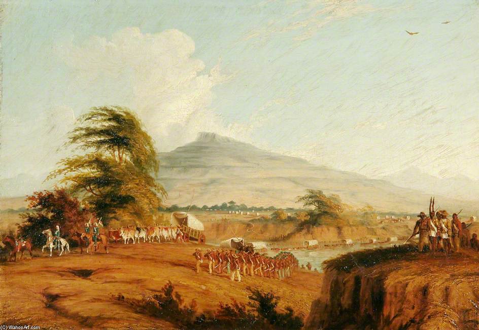 Wikioo.org - The Encyclopedia of Fine Arts - Painting, Artwork by Thomas Baines - Forces Under The Command Of Lieutenant General Cathcart Crossing The Orange River, South Africa, To Attack Moshesh