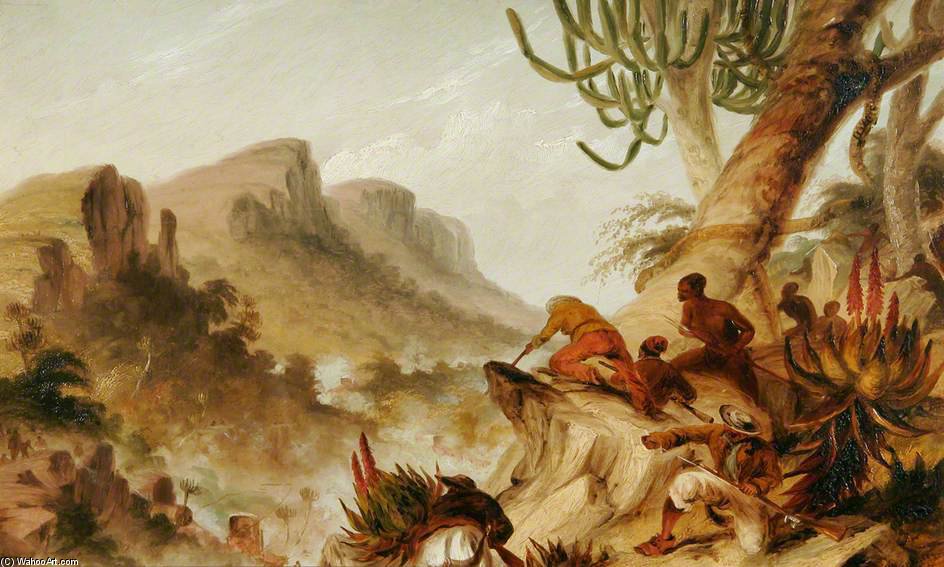 Wikioo.org - The Encyclopedia of Fine Arts - Painting, Artwork by Thomas Baines - Kaffirs And Rebel Hottentots Attacking A Wagon Train