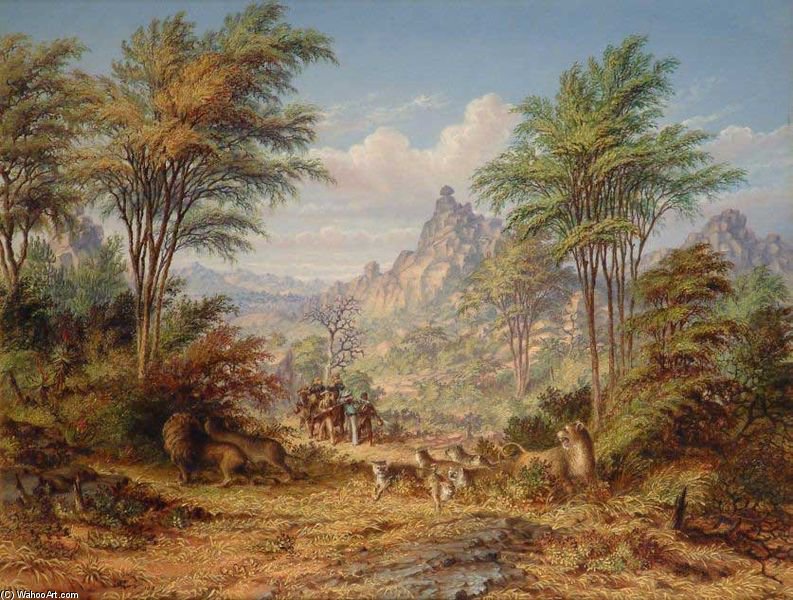 Wikioo.org - The Encyclopedia of Fine Arts - Painting, Artwork by Thomas Baines - Lion Family Amongs He Granite Hills Between The Shasha And Macloutse Rivers
