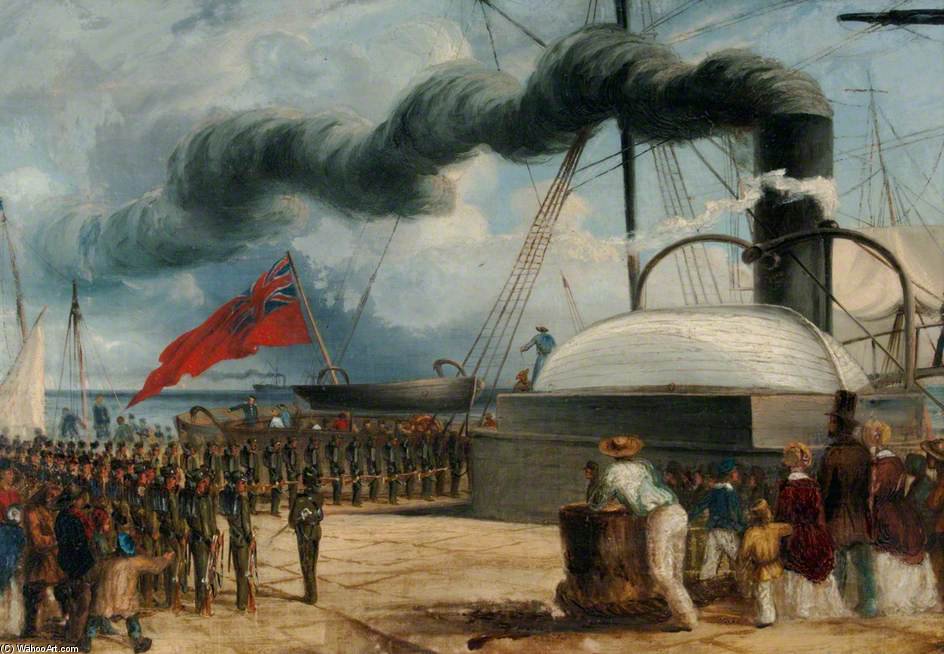 Wikioo.org - The Encyclopedia of Fine Arts - Painting, Artwork by Thomas Baines - The Battalion Embarks At Dover On Hm Steamship 'magaera'