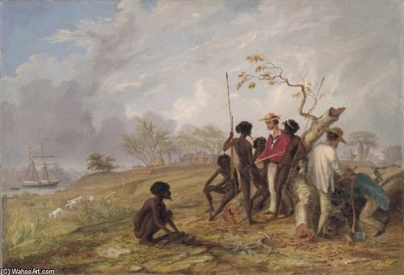 Wikioo.org - สารานุกรมวิจิตรศิลป์ - จิตรกรรม Thomas Baines - With Aborigines Near The Mouth Of The Victoria River