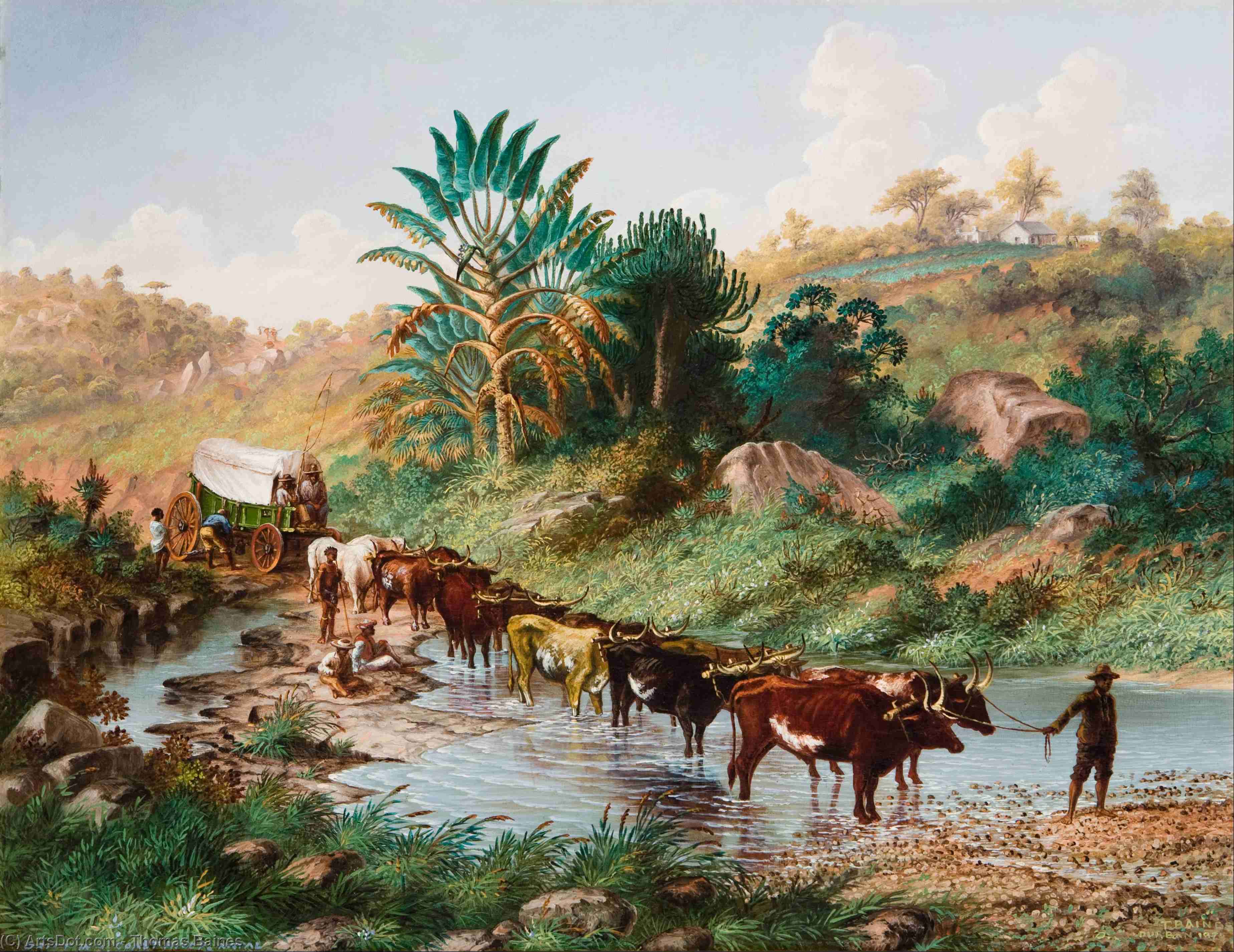 Wikioo.org - The Encyclopedia of Fine Arts - Painting, Artwork by Thomas Baines - Wagon Crossing A Drift - Natal