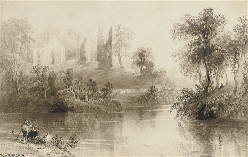 Wikioo.org - สารานุกรมวิจิตรศิลป์ - จิตรกรรม William Henry Bartlett - Figures On A River Bank