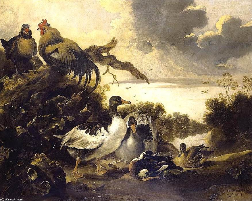 Wikioo.org - The Encyclopedia of Fine Arts - Painting, Artwork by Gijsbert Gillisz De Hondecoeter (The Younger) - Fowl On A Riverbank