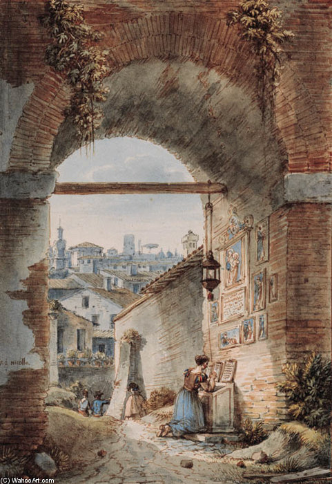 WikiOO.org - 百科事典 - 絵画、アートワーク Victor Jean Nicolle - ヴィアサンタ·マリア·マッジョーレを介してサンピエトロ、ローマの角に神社、トリニタ·デイ·モンティ、ローマの近くを見ます。