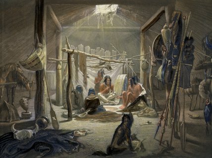 Wikioo.org - Die Enzyklopädie bildender Kunst - Malerei, Kunstwerk von Karl Bodmer - Das Innere einer Hütte eines Mandan Haupt