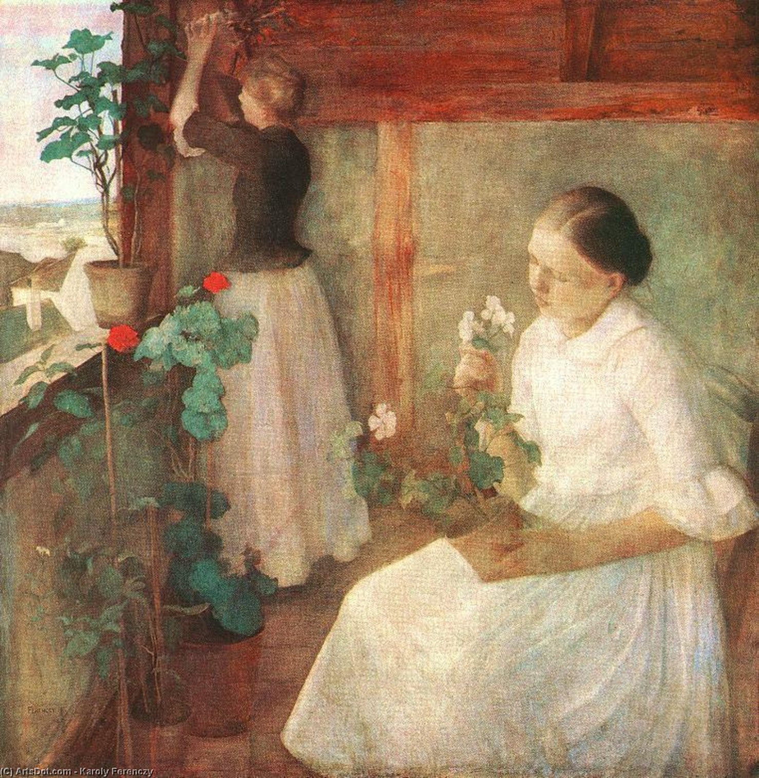 Wikioo.org – La Enciclopedia de las Bellas Artes - Pintura, Obras de arte de Karoly Ferenczy - niñas Asistiendo  bastante  flores