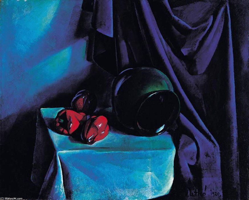 Wikioo.org - The Encyclopedia of Fine Arts - Painting, Artwork by Karoly Patko - Still Life With A Jug (still Life With Blue Drapery)