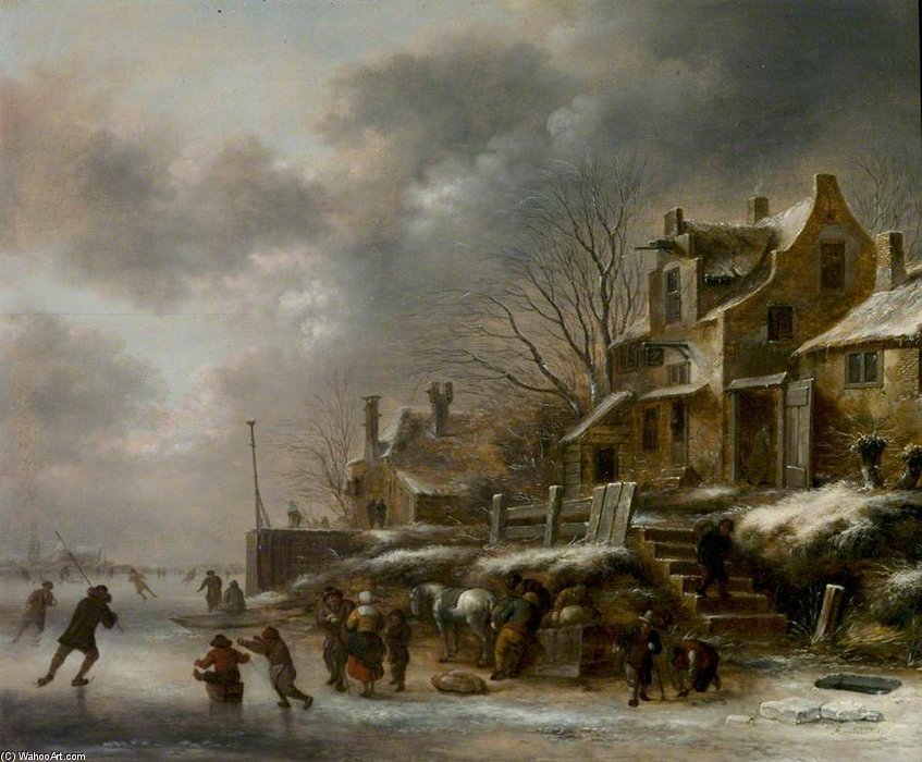 Wikioo.org - The Encyclopedia of Fine Arts - Painting, Artwork by Klaes Molenaer - Winter Scene, River With Figures Skating