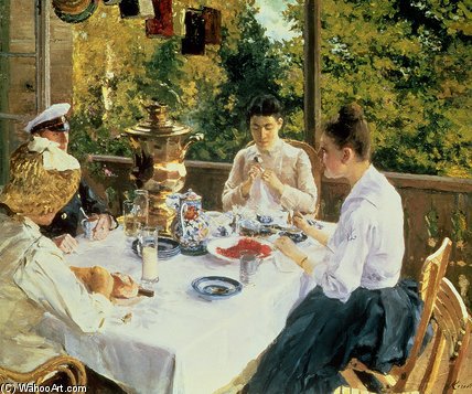 Wikioo.org - The Encyclopedia of Fine Arts - Painting, Artwork by Konstantin Alekseyevich Korovin - At The Tea-table