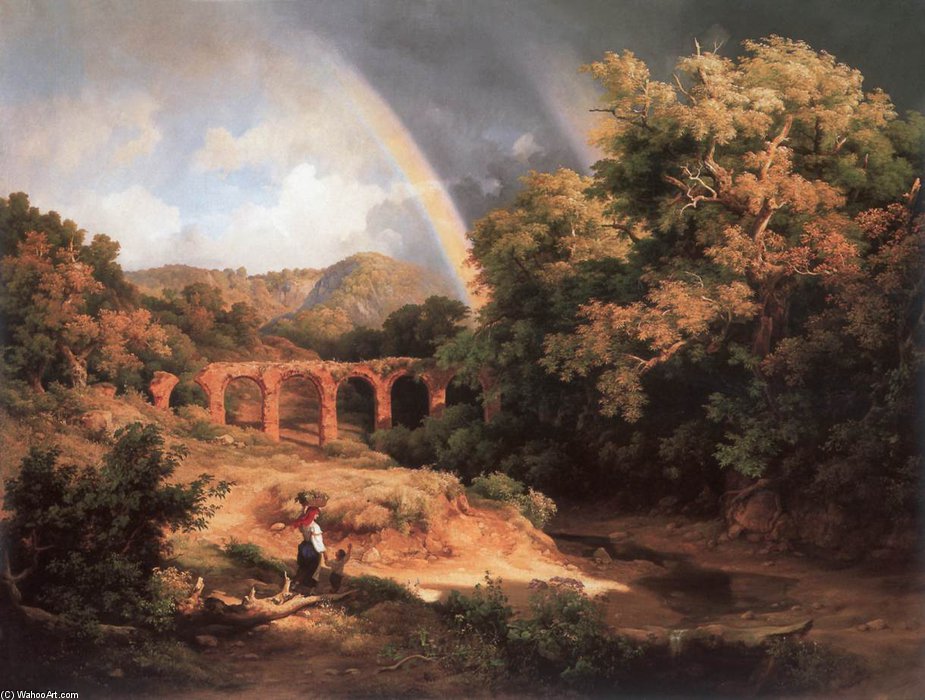 WikiOO.org - Encyclopedia of Fine Arts - Lukisan, Artwork Karoly Marko The Elder - Italian Landscape With Viaduct And Rainbow