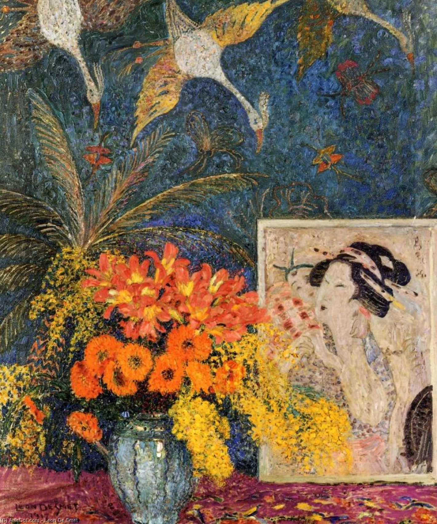 Wikioo.org - The Encyclopedia of Fine Arts - Painting, Artwork by Leon De Smet - Still Life Vase Of Flowers And Engraving Of A Japanese Wood