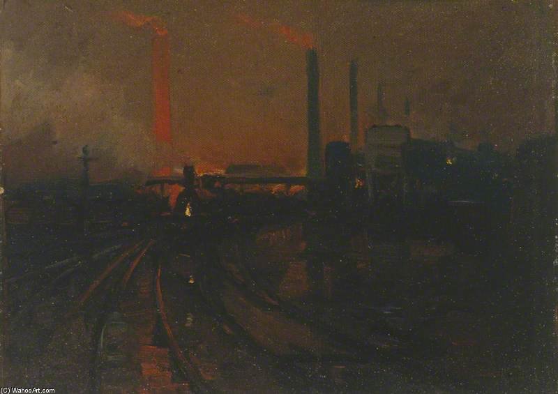Wikioo.org - The Encyclopedia of Fine Arts - Painting, Artwork by Lionel Walden - The Steel Works, Cardiff At Night