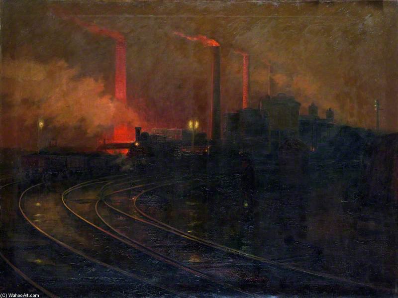 Wikioo.org - The Encyclopedia of Fine Arts - Painting, Artwork by Lionel Walden - The Steelworks, Cardiff At Night