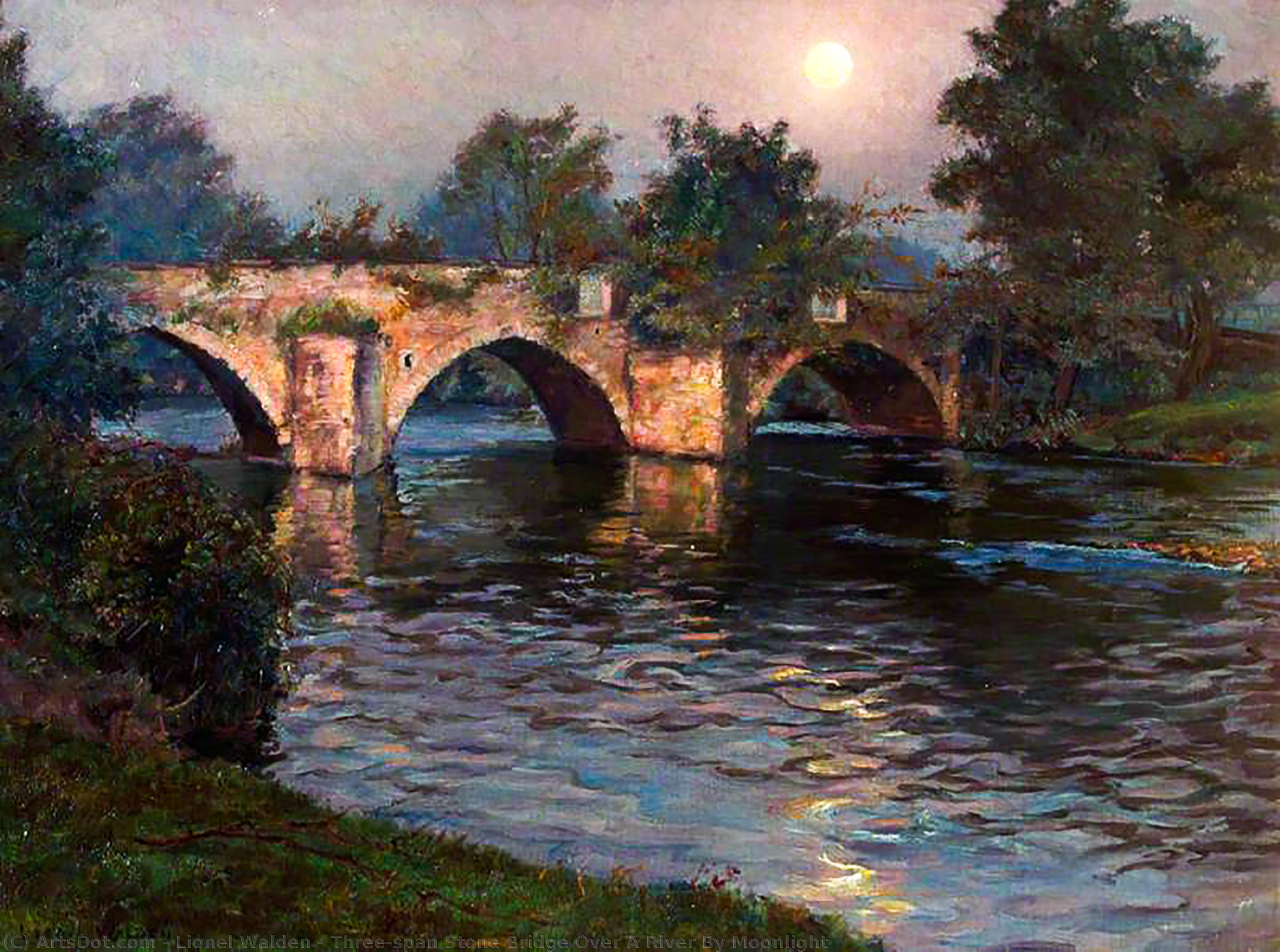 Wikioo.org - The Encyclopedia of Fine Arts - Painting, Artwork by Lionel Walden - Three-span Stone Bridge Over A River By Moonlight