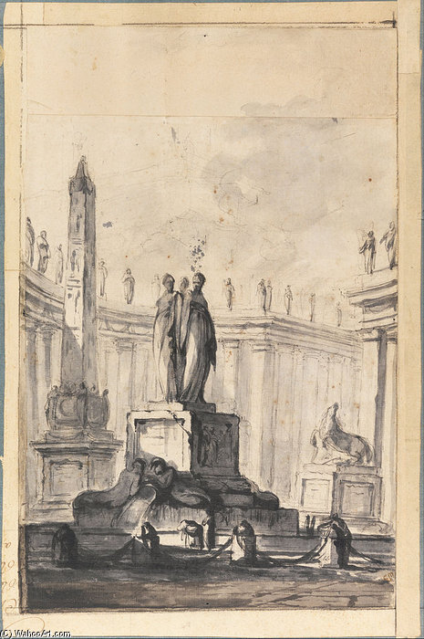 WikiOO.org - Güzel Sanatlar Ansiklopedisi - Resim, Resimler Louis Joseph Le Lorrain - Architectural Fantasy With Fountain And Obelisk