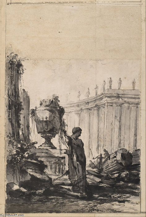 WikiOO.org - Encyclopedia of Fine Arts - Målning, konstverk Louis Joseph Le Lorrain - Architectural Fantasy With Vase, Herm, And Colonnade