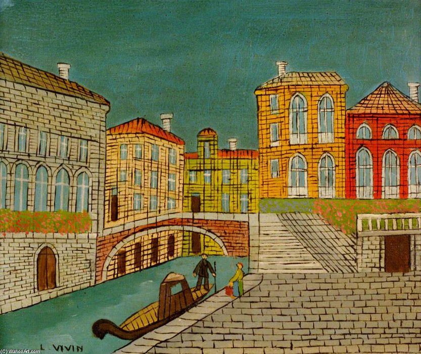 WikiOO.org – 美術百科全書 - 繪畫，作品 Louis Vivin - 威尼斯 -   运河  场景  与  一个  桥